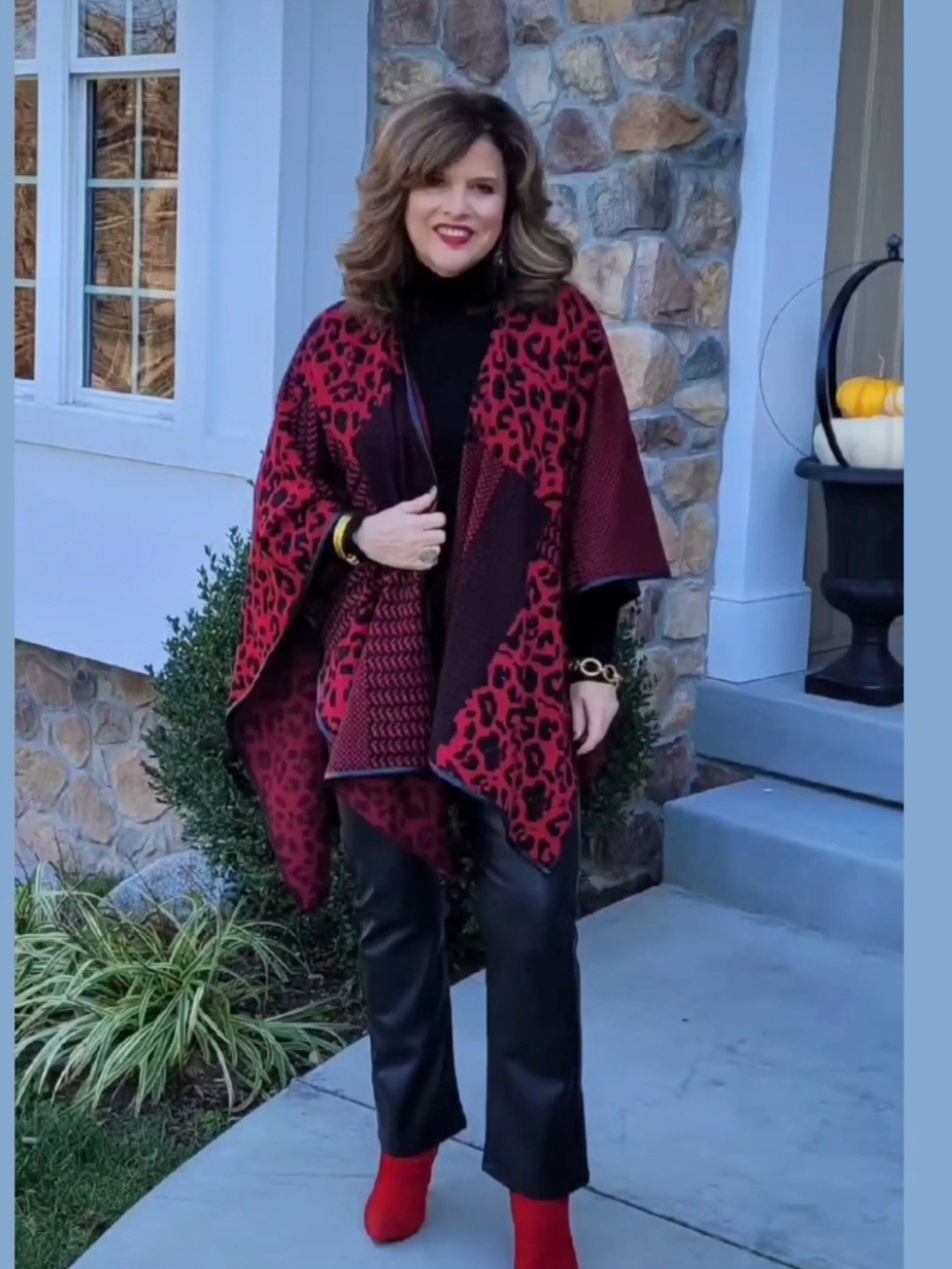 Ming Wang Red and Black Leopard-Print Open-Front Poncho